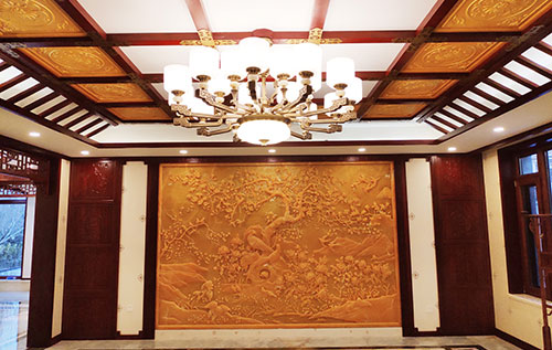 定兴中式别墅客厅中式木作横梁吊顶装饰展示